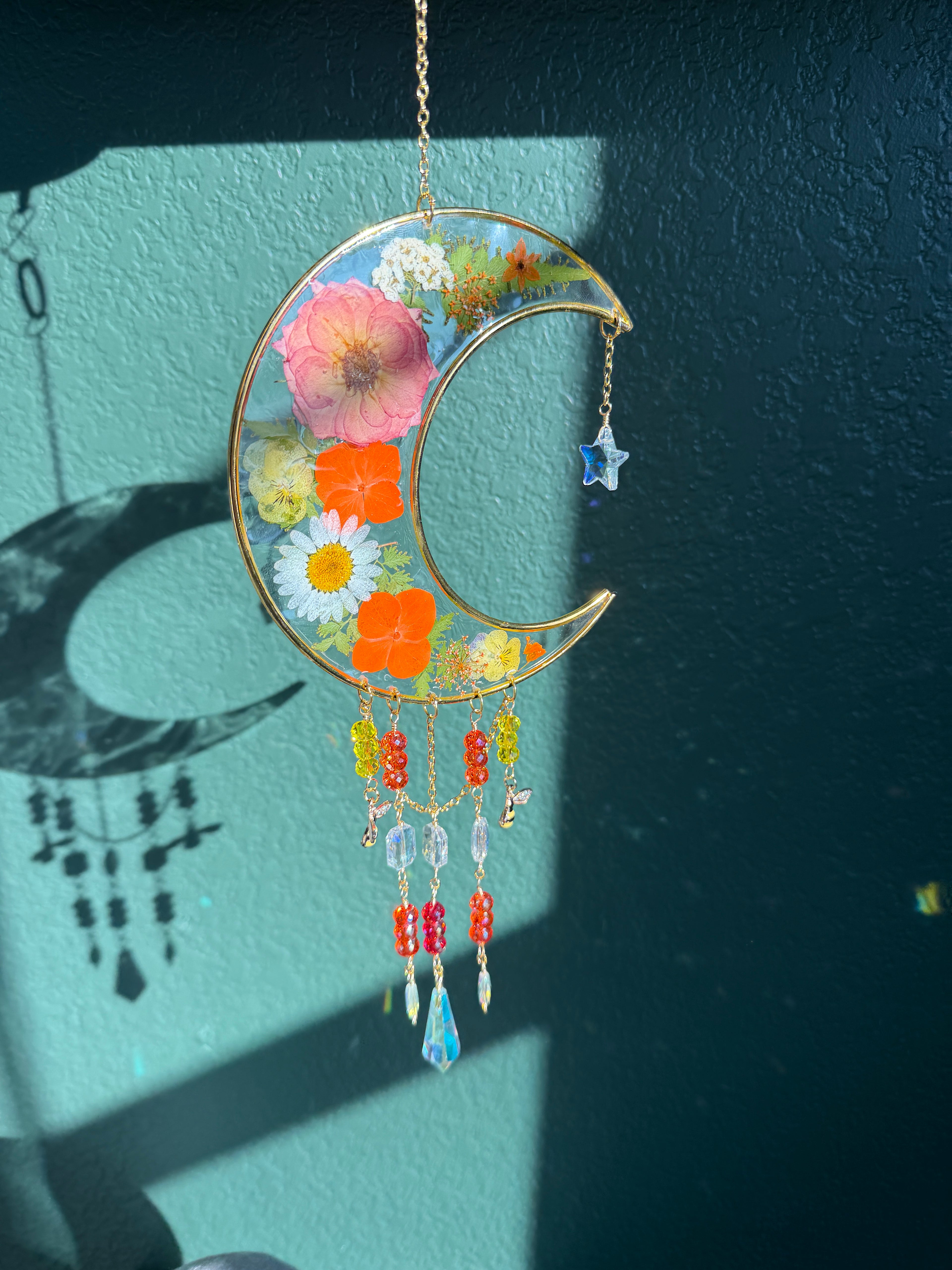 Moonlit Bloom Suncatcher - Orange Florals with Bee Charms